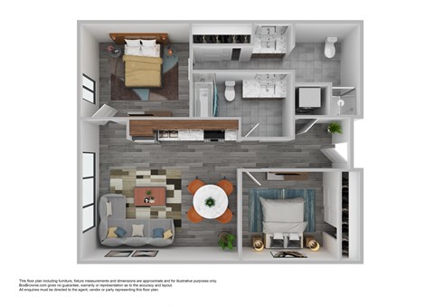 A 3D floor plan of a small apartment with a kitchen, living room, and bathroom.
